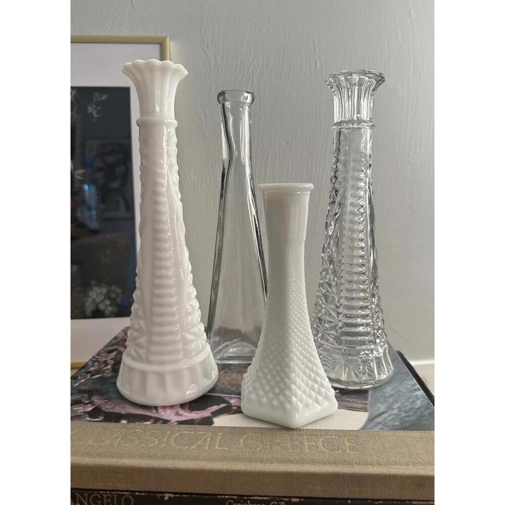 Set Of Four Vintage Milk And Clear Glass Vases Mid Century Modern Design